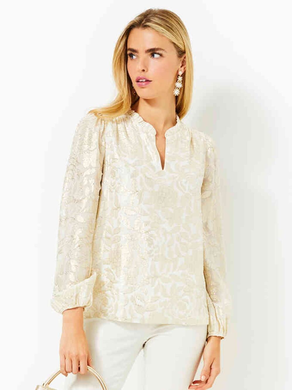 Lilly Pulitzer Giana Long Sleeve Silk Blouse Gold Cream Preppy XL